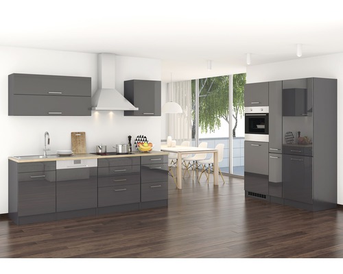 Held Furniture keukenblok zonder apparatuur Milan 390 cm grijs hoogglans gedemonteerd omkeerbaar model 636.1.6211