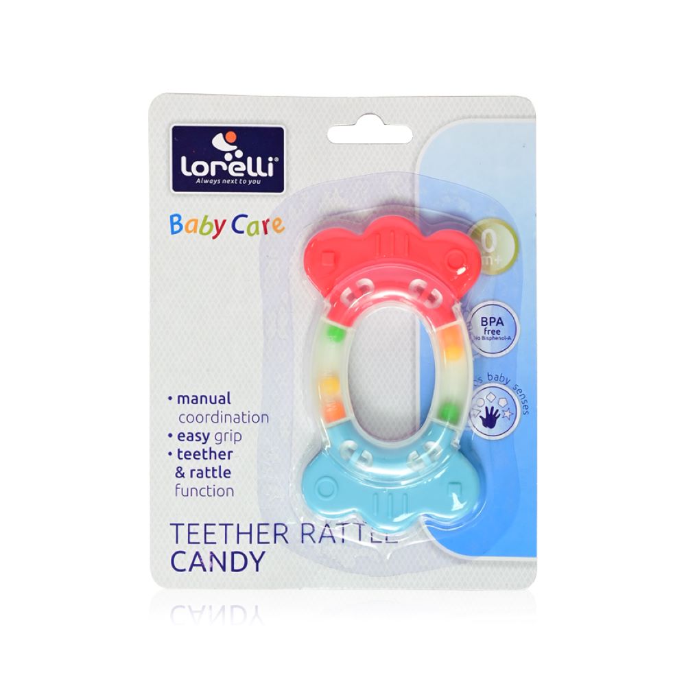 Baby Care Beißring Candy Babyrassel, Greifling, genoppter Griff, ab Geburt bunt