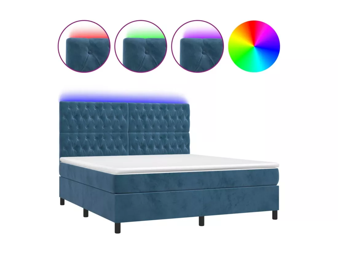 Sommier tapissier matelas et LED Bleu foncé 180x200 cm Velours