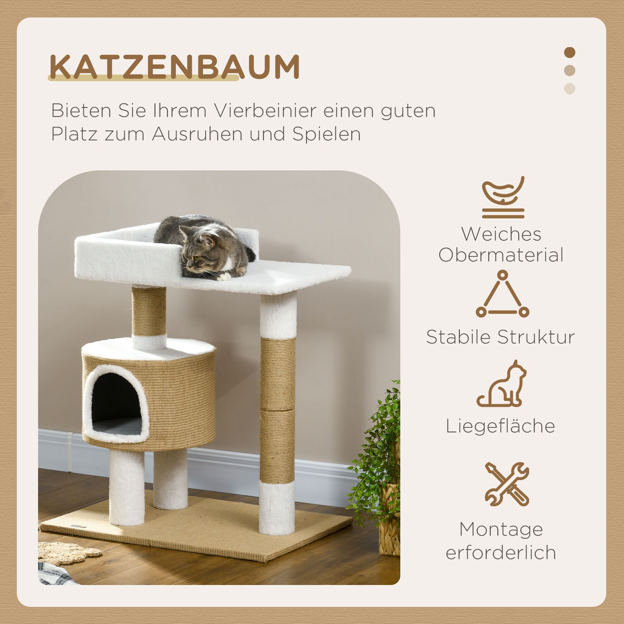 PawHut Kratzbaum mit Katzenhöhle und Liegeebene natur, weiß 70L x 49B x 79H cm