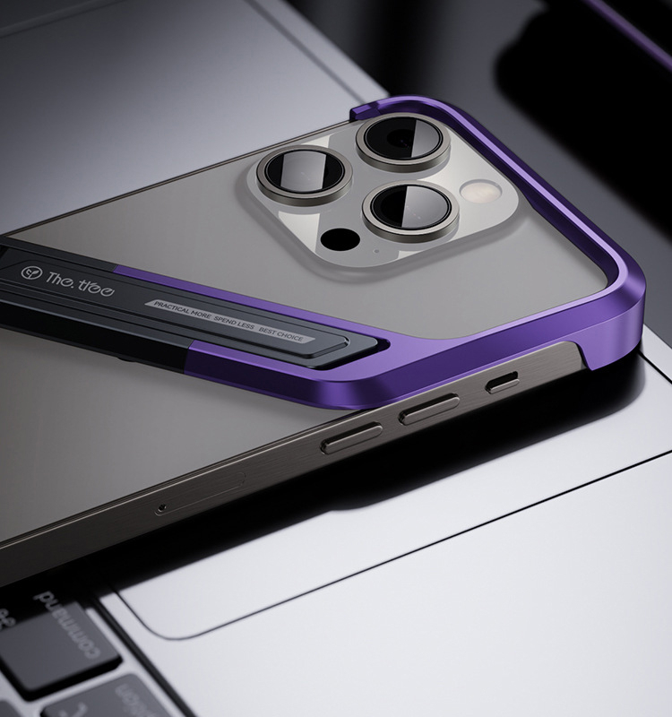 iPhone 16 Pro Alu Slim Case Hülle mit Rahmenlosen Bumper   Kickstand Aufsteller - Grau