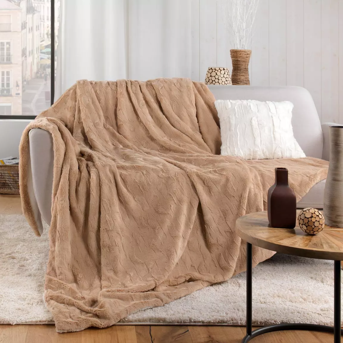 Plaid fausse fourrure (180 x 220 cm) Foxy Taupe