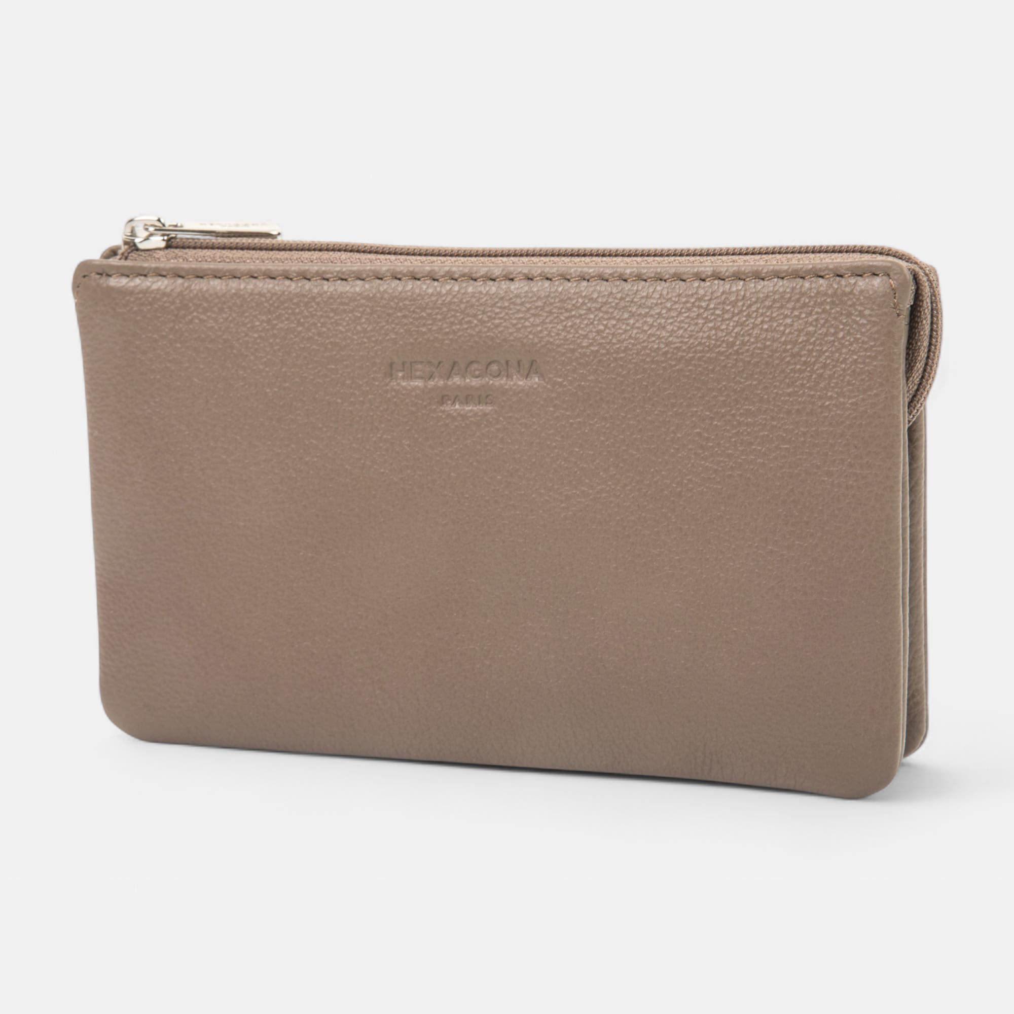 Petite maroquinerie en cuir taupe