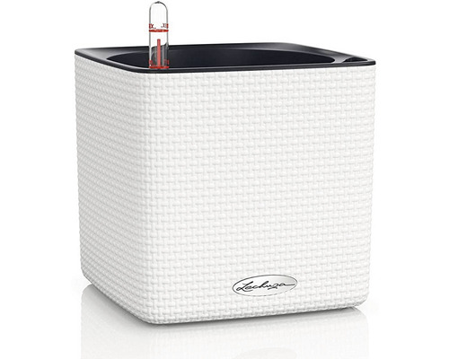 Lechuza Cube Color kunststof bloempot, 14x14x14 cm, wit, inclusief zelfbewateringssysteem en waterniveau-indicator