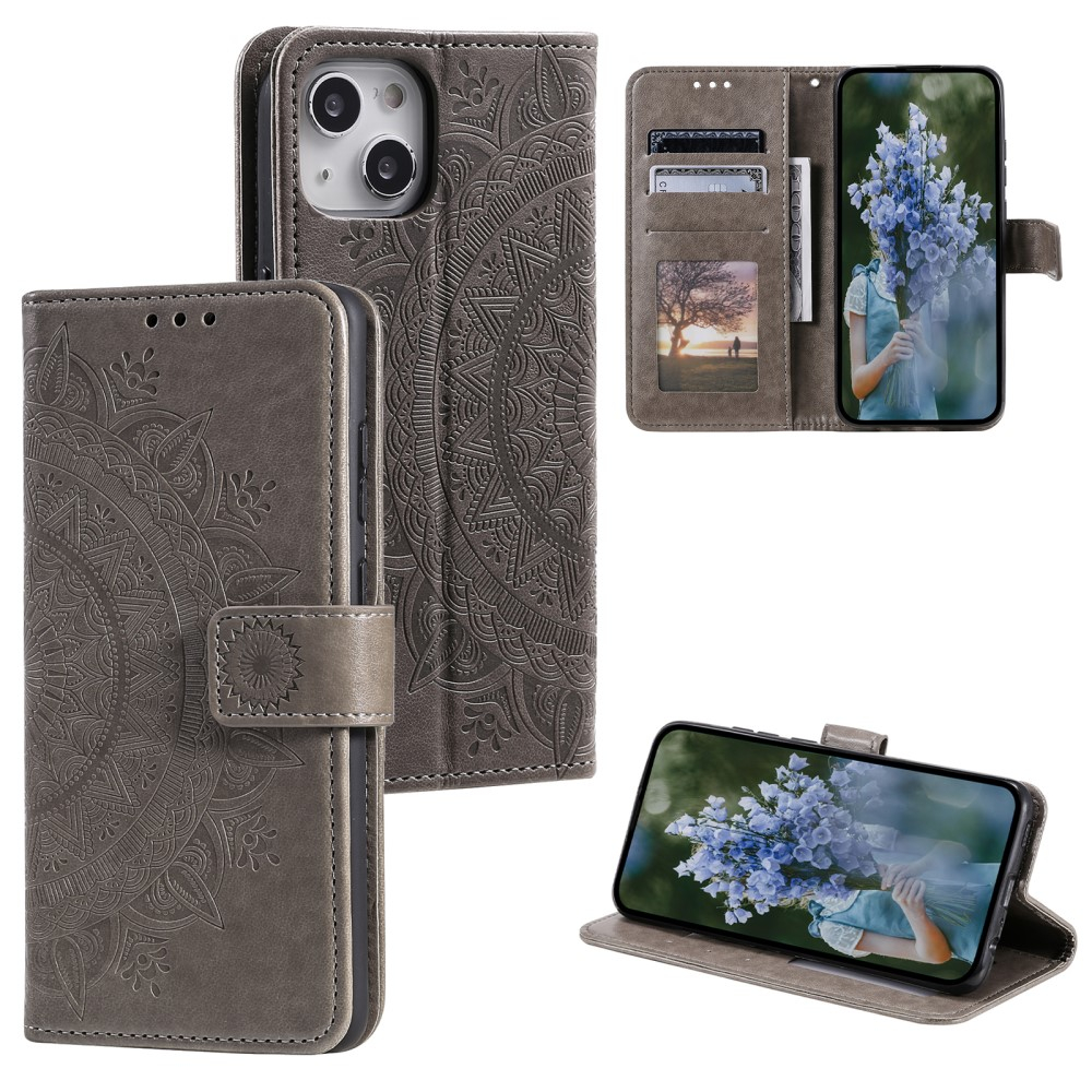 iPhone 15 Leder Tasche Wallet - Mandala Flowers Imprint - Grau