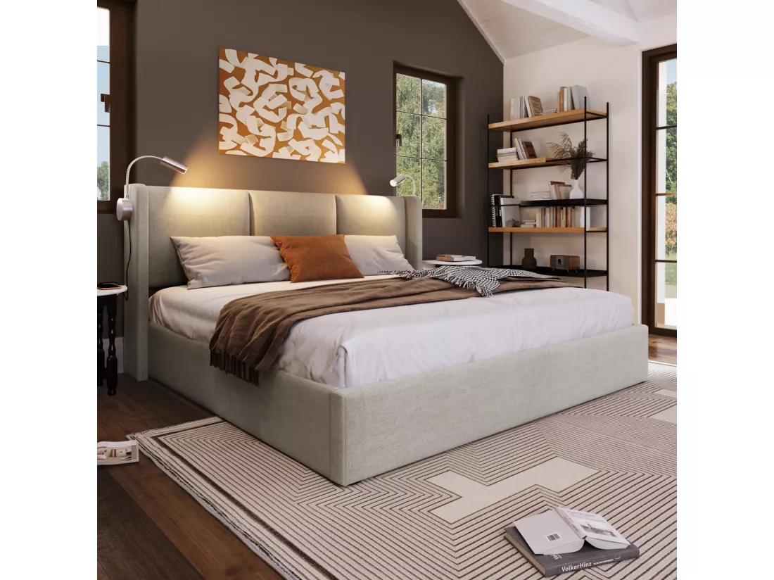 Lit hydraulique avec lampe de lecture - 140x200 cm - charge USB et grand rangement - Lin - Beige