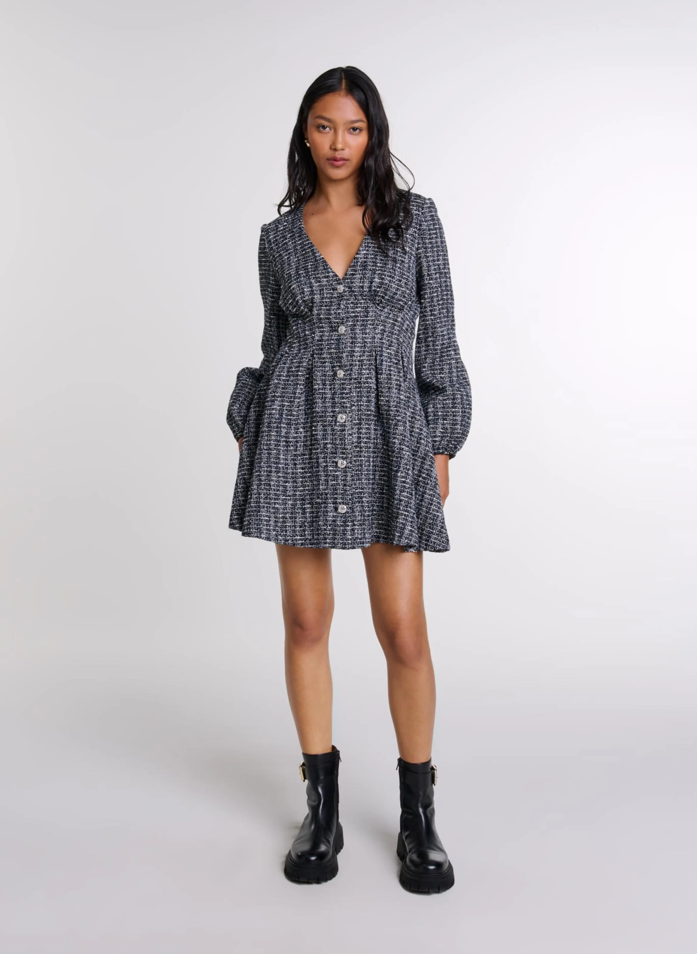 Robe chemise courte effet tweed | Noir
