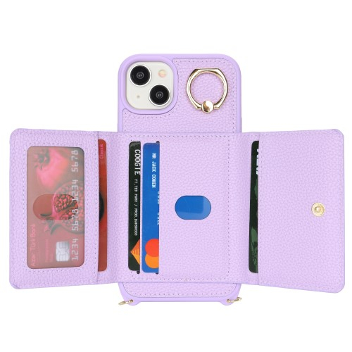 iPhone 14 / iPhone 13 Necklace Leder Hülle mit Münzfach und Kartenfächer   Finger Griff Halterung   Handykette - Lila