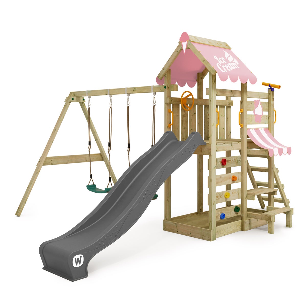 WICKEY VanillaFlyer Speeltoren Klimrek met Schommel en Glijbaan, Klimtoren met Zandbak, Ladder en Speelaccessoires – Pastel Roze