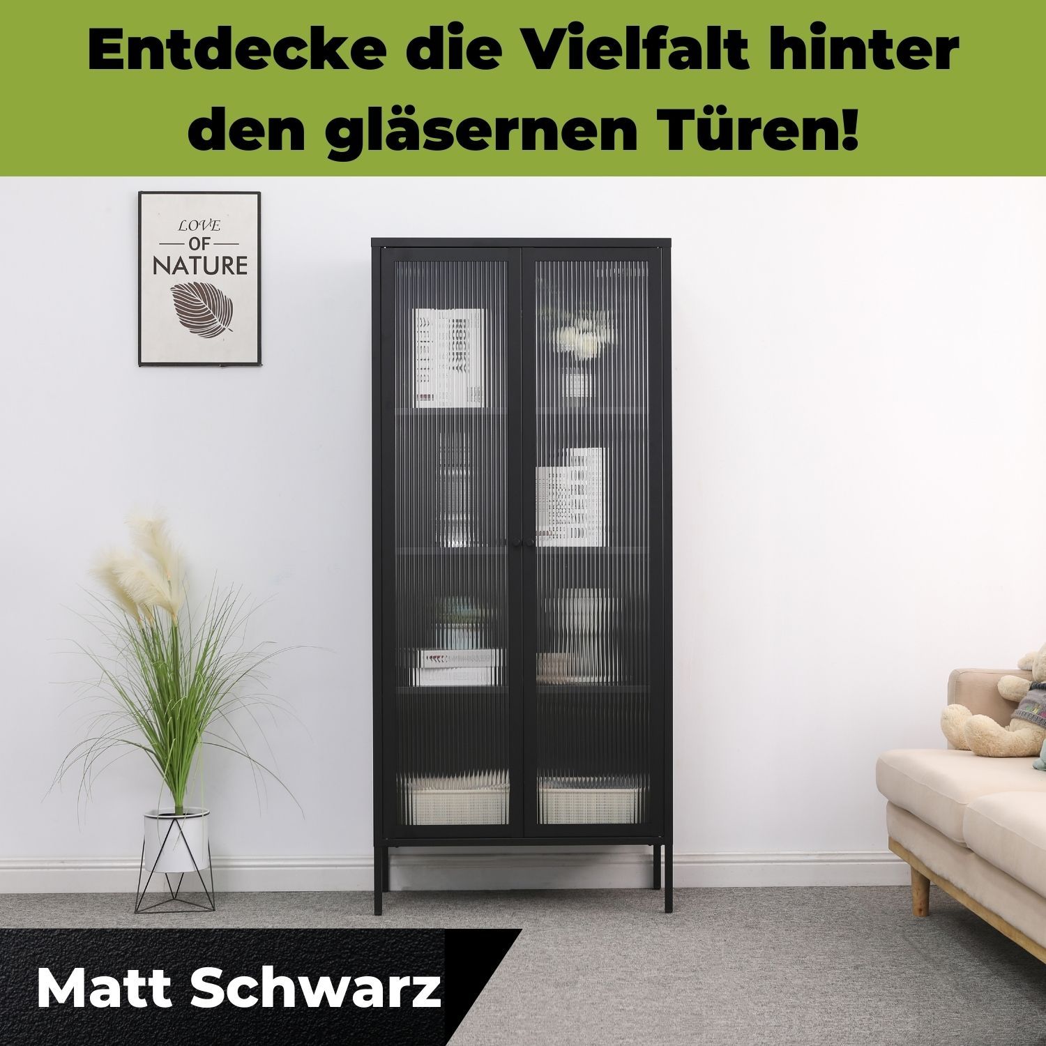 Mein-Regal Vitrine Glasgow 80x35x180cm Metall Glastüren schwarz