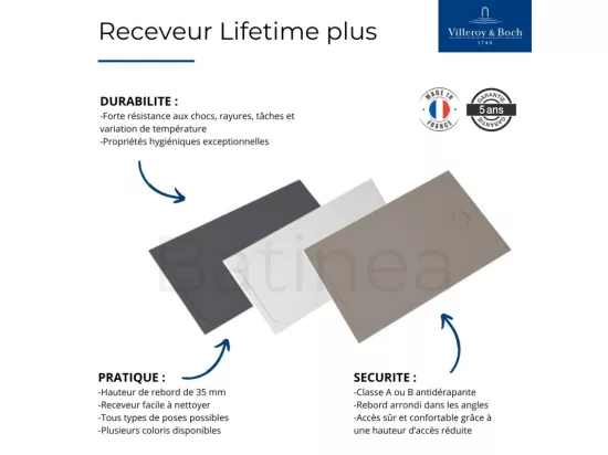 Receveur de douche antidérapant 140 x 80 VILLEROY ET BOCH Lifetime Plus céramique blanc