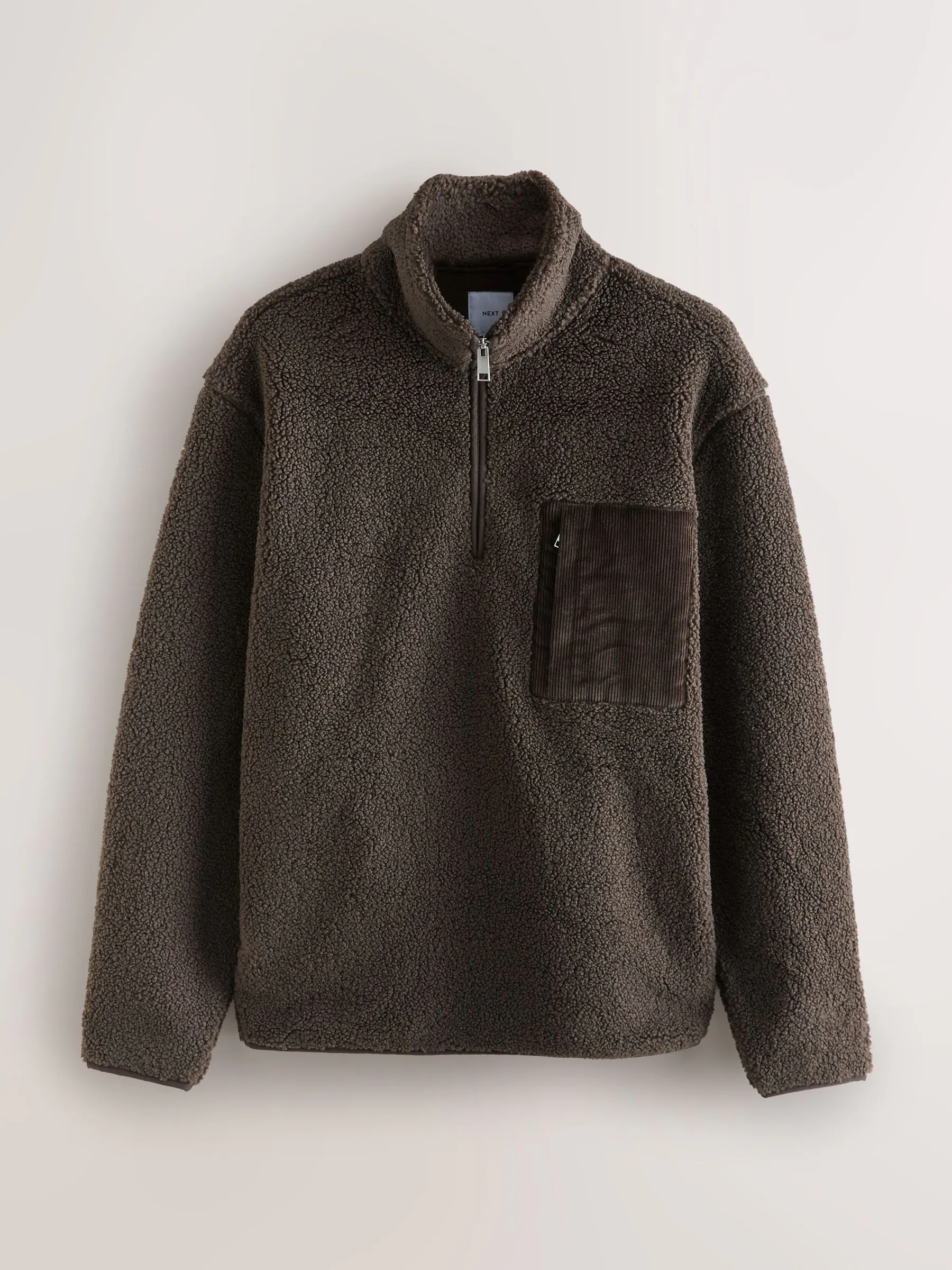 Chocoladebruin - Borg fleece met opstaande kraag en korte rits