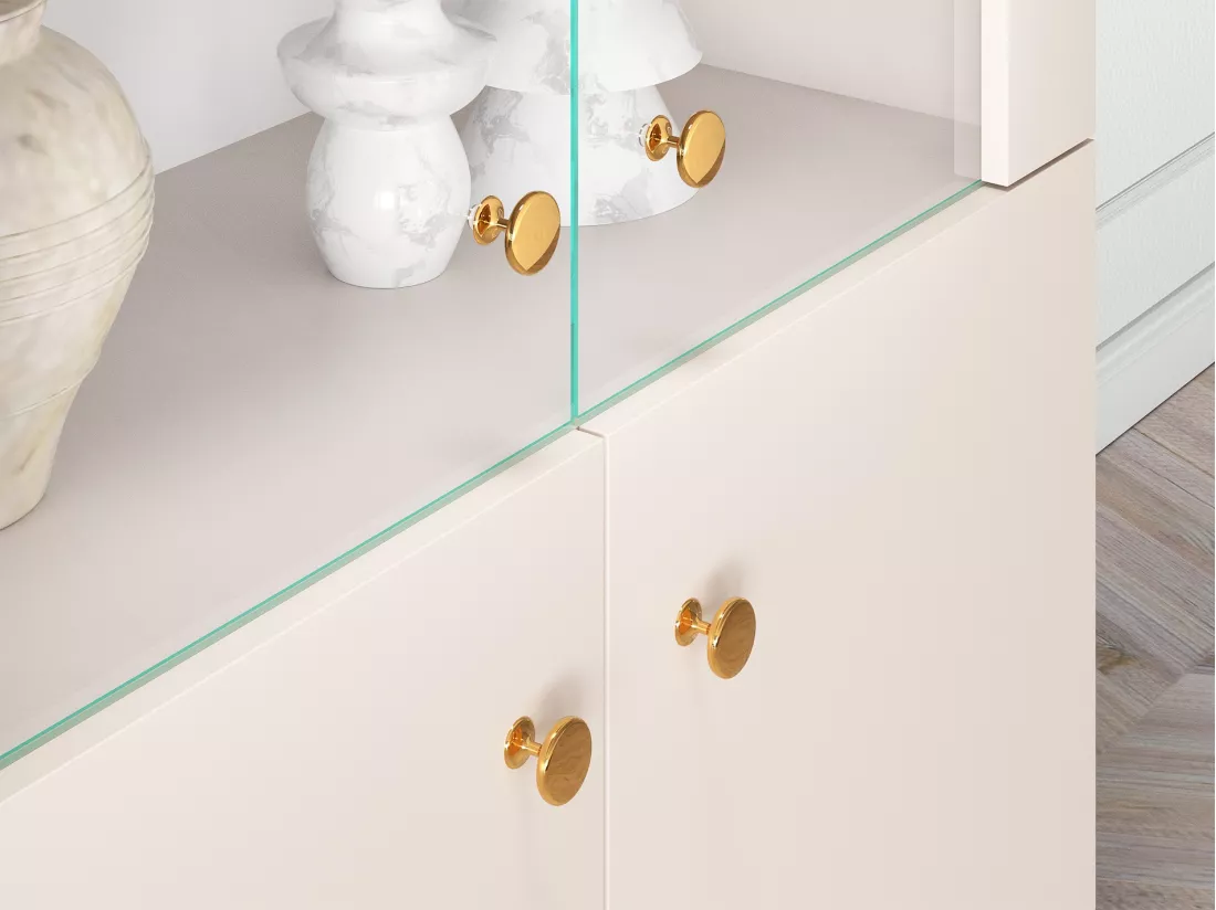 Vitrine basse - 4 porte - Grège avec pieds dorés - SELGIN