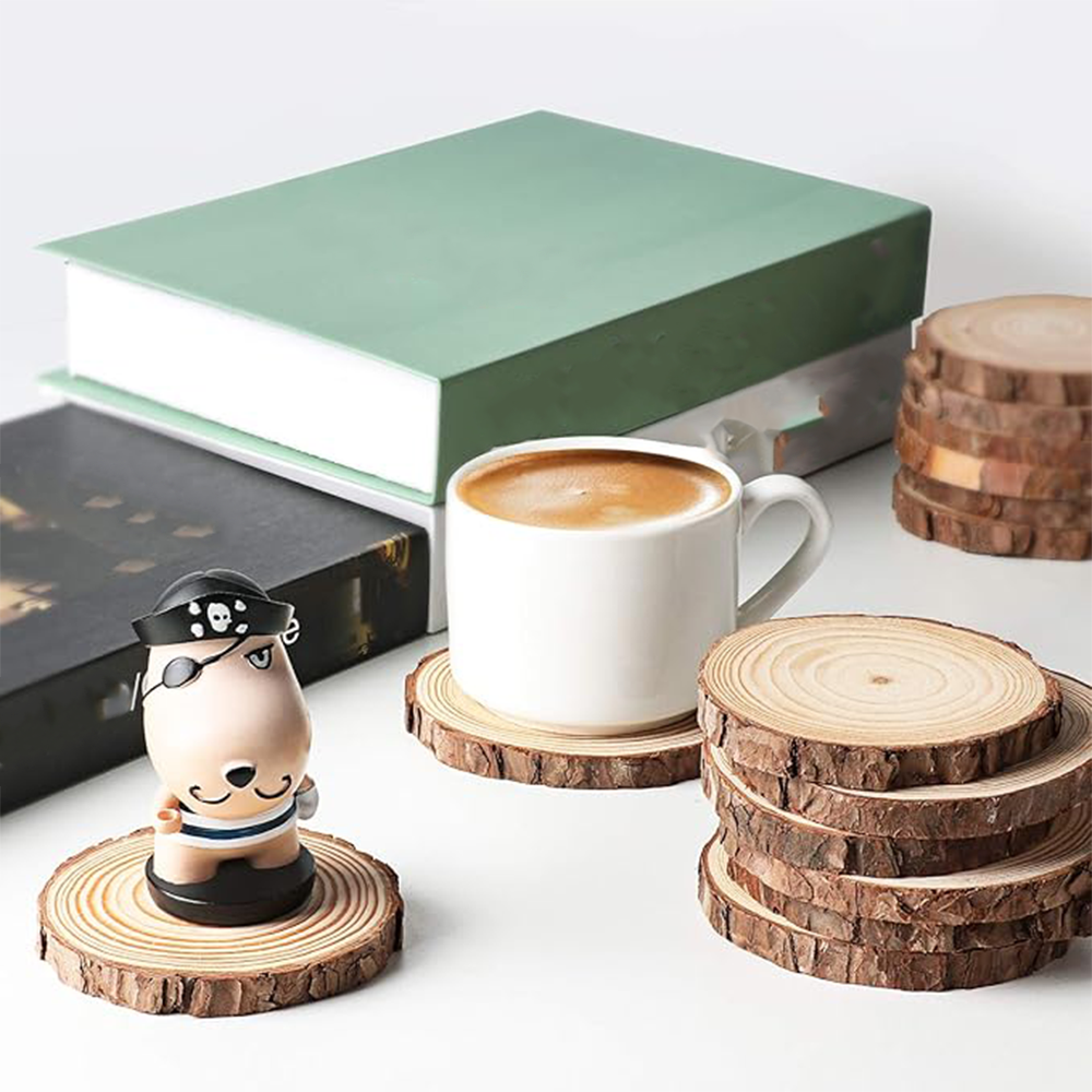 (10er Set) Ø14cm Natur Holz Scheibe mit Rinde DIY Home Deko Untersetzer zum Basteln / Bemalen - Braun