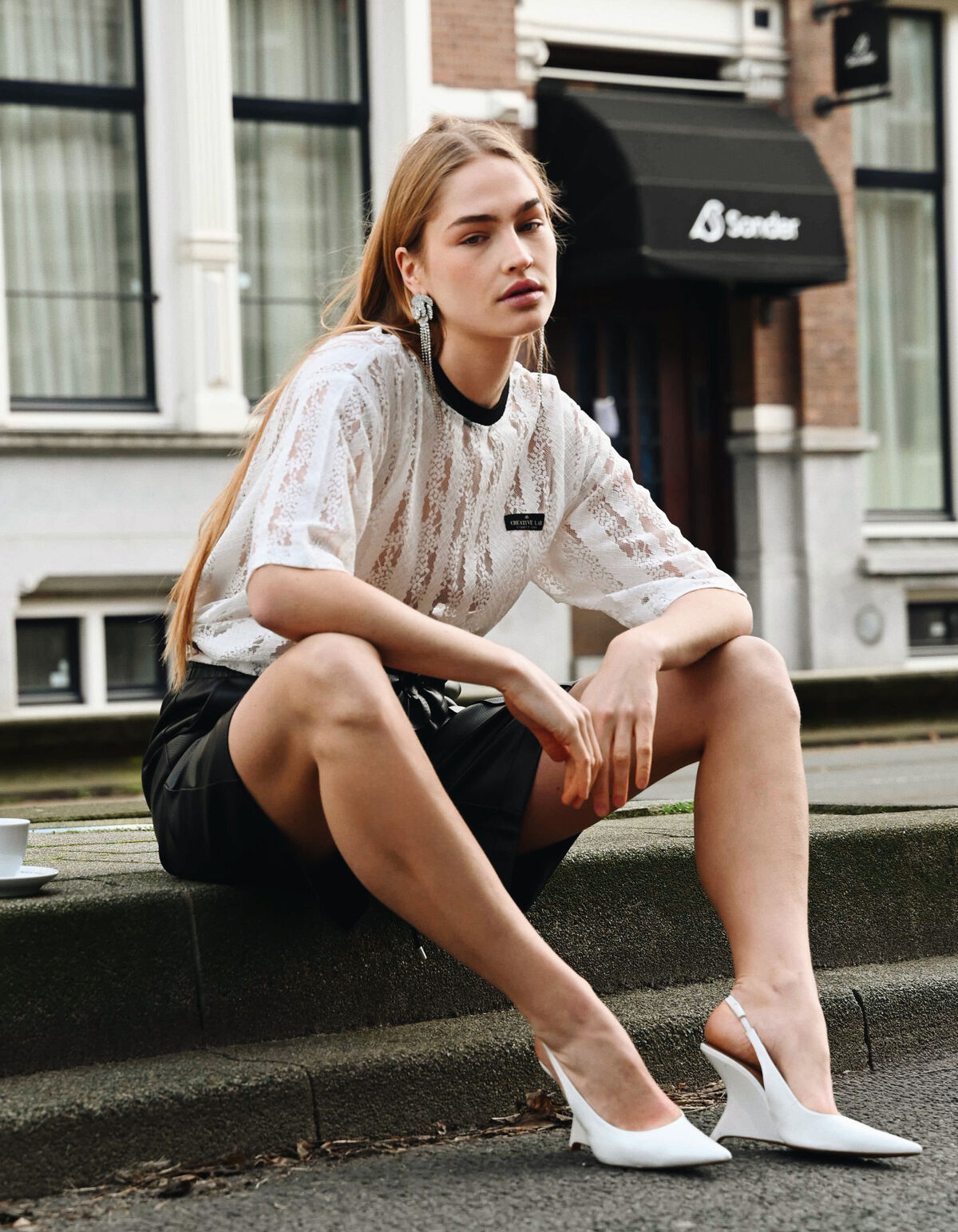 Oversized Kanten Label T-shirt Wit