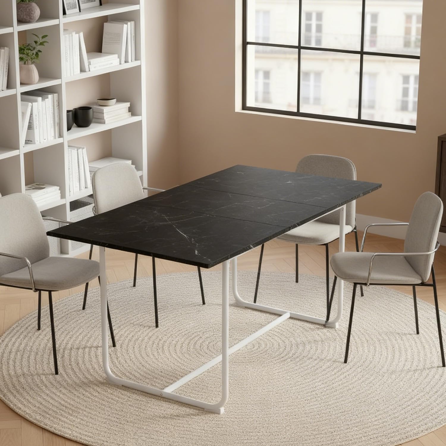 B&D home Esstisch Pius, ausziehbar 120-160 x 80 cm, 4-6 Personen Küchentisch Holztisch mit U Metallgestell für Esszimmer, Küche, skandinavisch Design, Marmor Optik, 11219-120-UW-MSCH