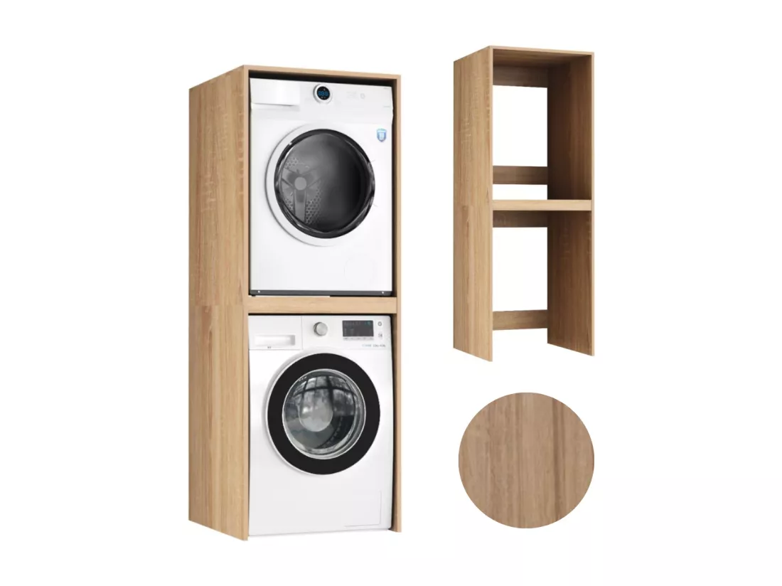 Armoire de salle de bain pour machine à laver et sèche-linge, colonne de rangement, finition chêne Sonoma.