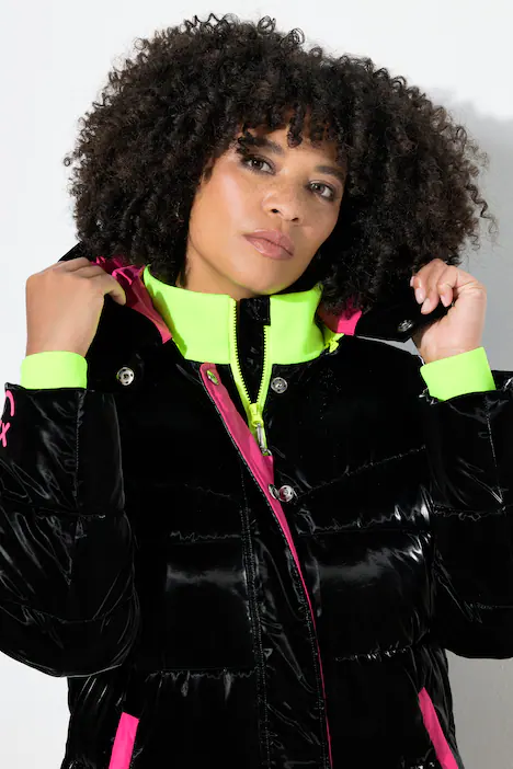 Steppmantel, Straight Fit, Neon-Details, Rückenprint, schwarz