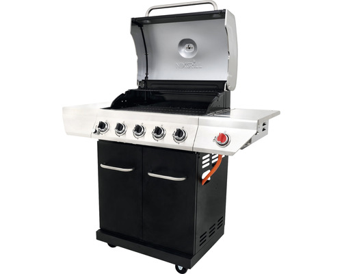 Nexgrill 5-pits gasbarbecue + zijbrander, zwart, inclusief opbergplank, dekselthermometer, geëmailleerde gietijzeren planchaplaat, vetopvangbak, grillpan, grillrooster, krachtige warmtezone, zijplank, warmhoudrek. Geëmailleerd gietijzeren grillrooste