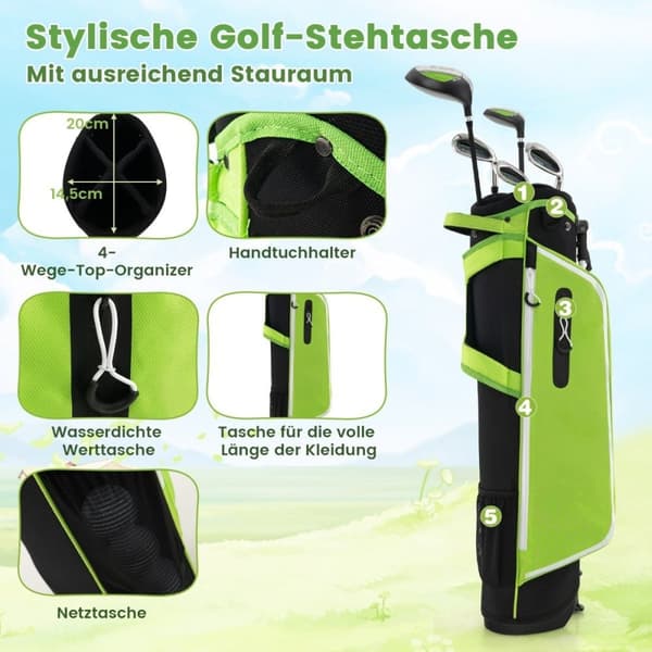 6-delt barnegolfkøllesett med golfbag og regntrekk for barn i alderen 11-13 år green