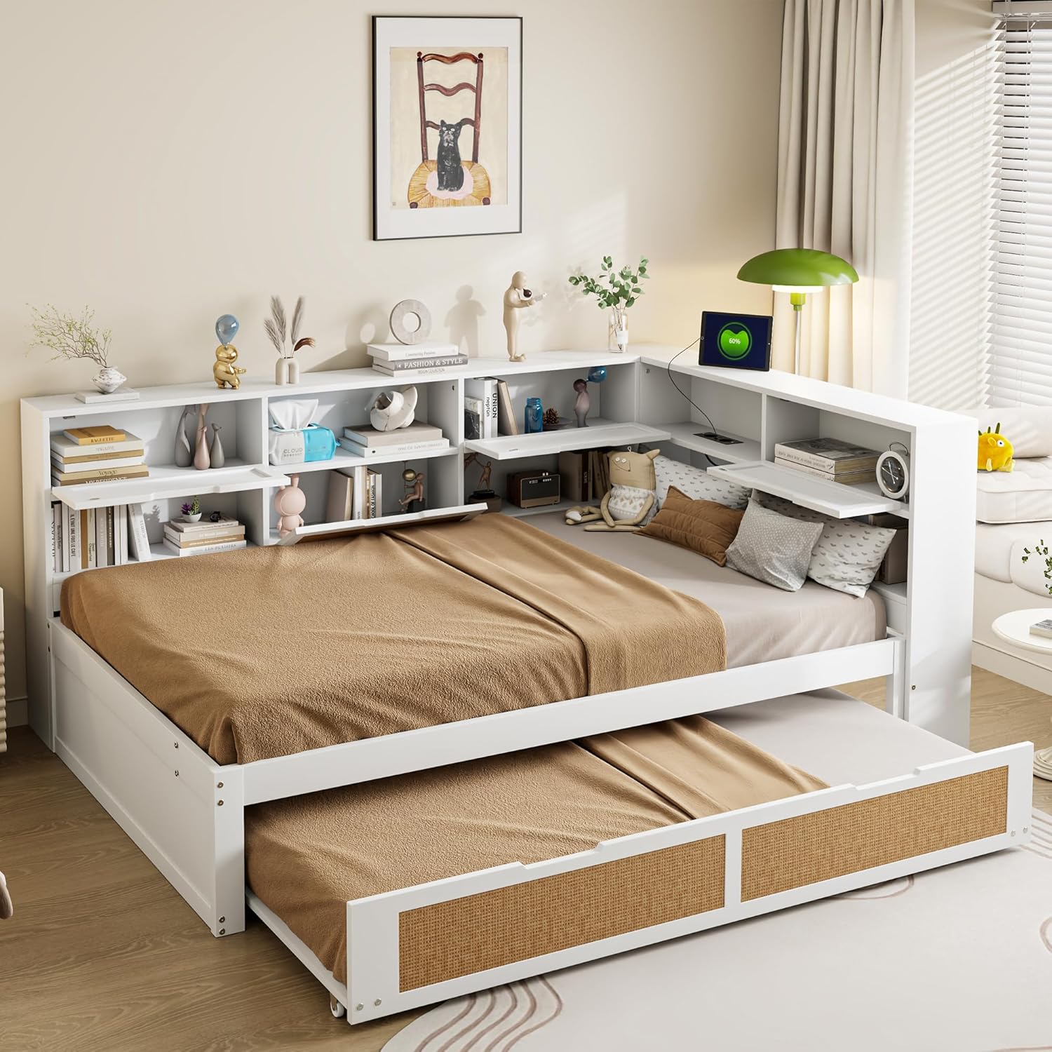 Tagesbett Schlafsofa 140x200, Holz Multifunktionsbett mit Ausziehbett 90x190 cm, USB-Steckdose und vielen Staufächern, Doppelbett Massivholzbett Kinderbett Daybett mit Lattenrost, Ohne Matratze, Weiß
