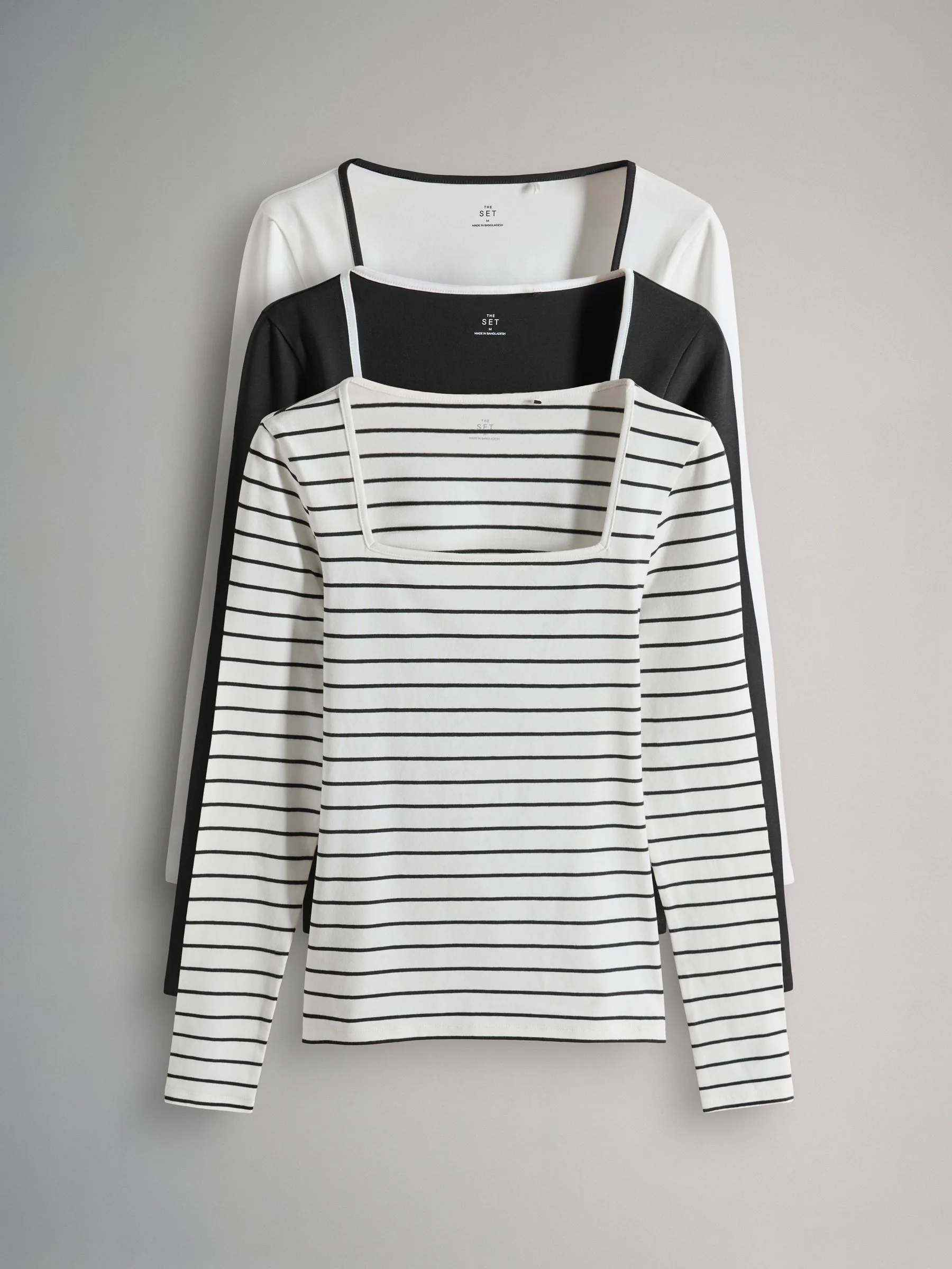 Zwart/wit/streep - The Set 3 Pack Square Neck Long Sleeve T-Shirts