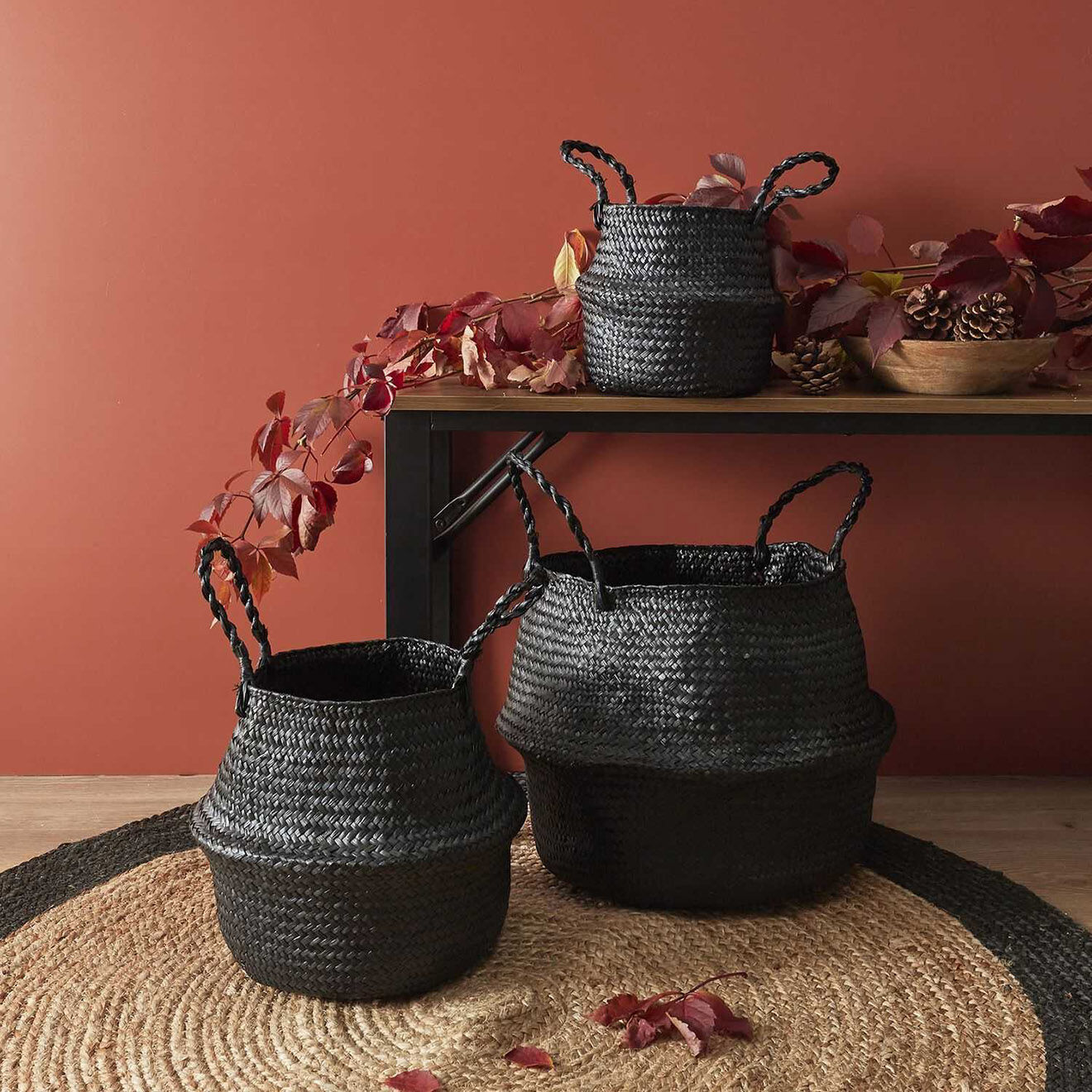 Home Deco Factory 3 Paniers arrondis jonc de mer noirs