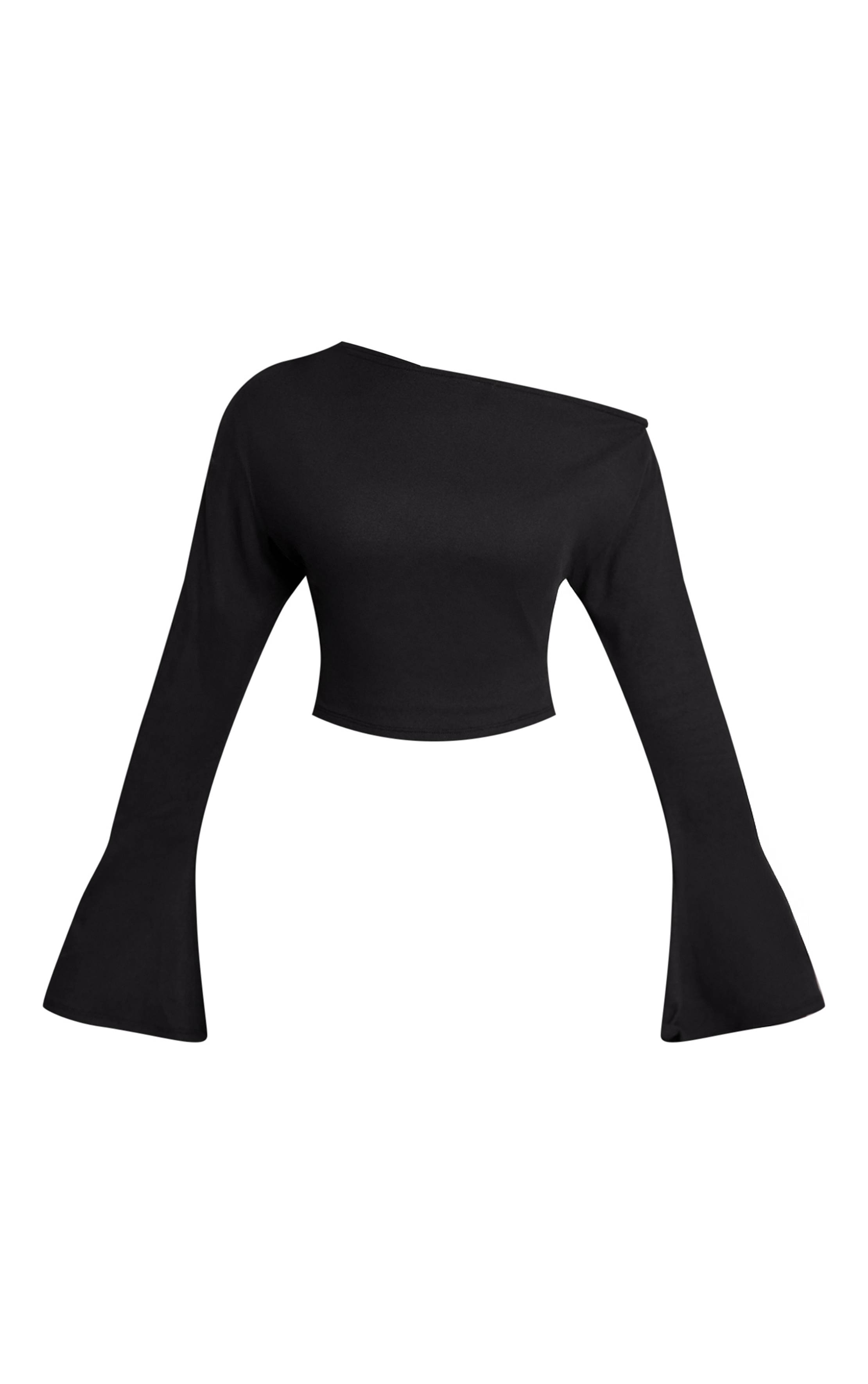 Noir Top Petite À Épaule Asymétrique Et Manches Longues