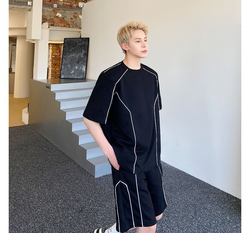 Omozando - Set: T-shirt met korte mouwen, ronde hals en tweekleurige stof + korte broek met trekkoord in de taille