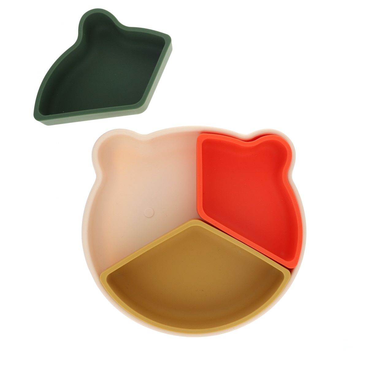 Assiette à compartiments en silicone vert et moutarde Pause goûter