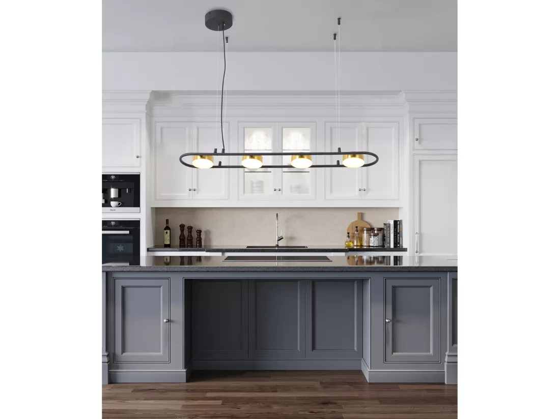 Lustre LED en métal et aluminium - 4 spots - L. 85 cm - Noir et doré - GRIMBSY