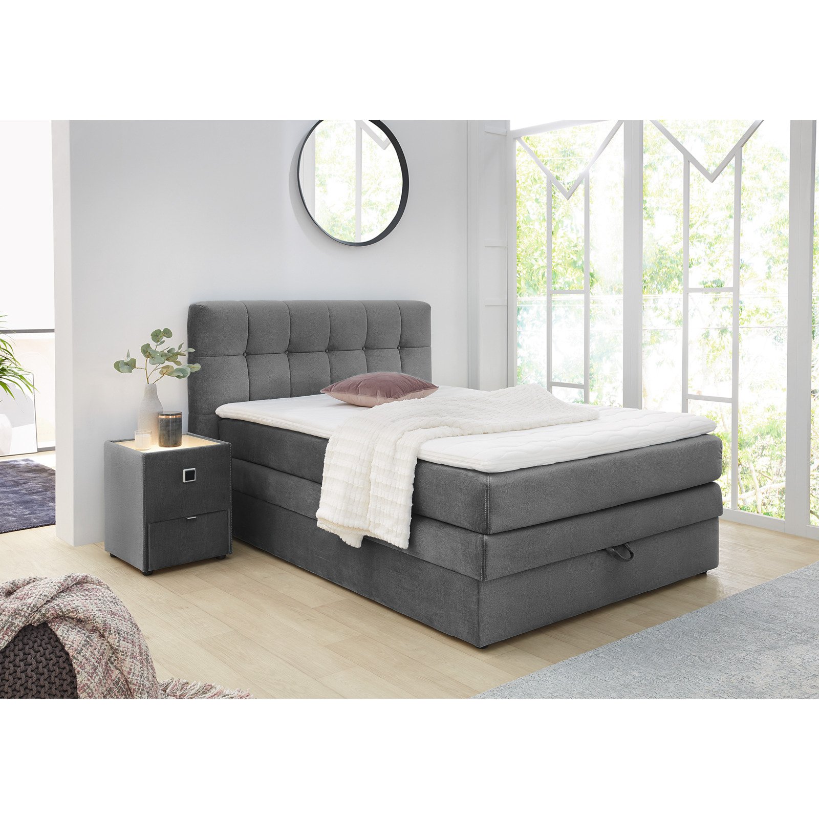 Boxspringbett Amy, Stoff, mit Bettkasten, 140 x 200 cm Samt grau