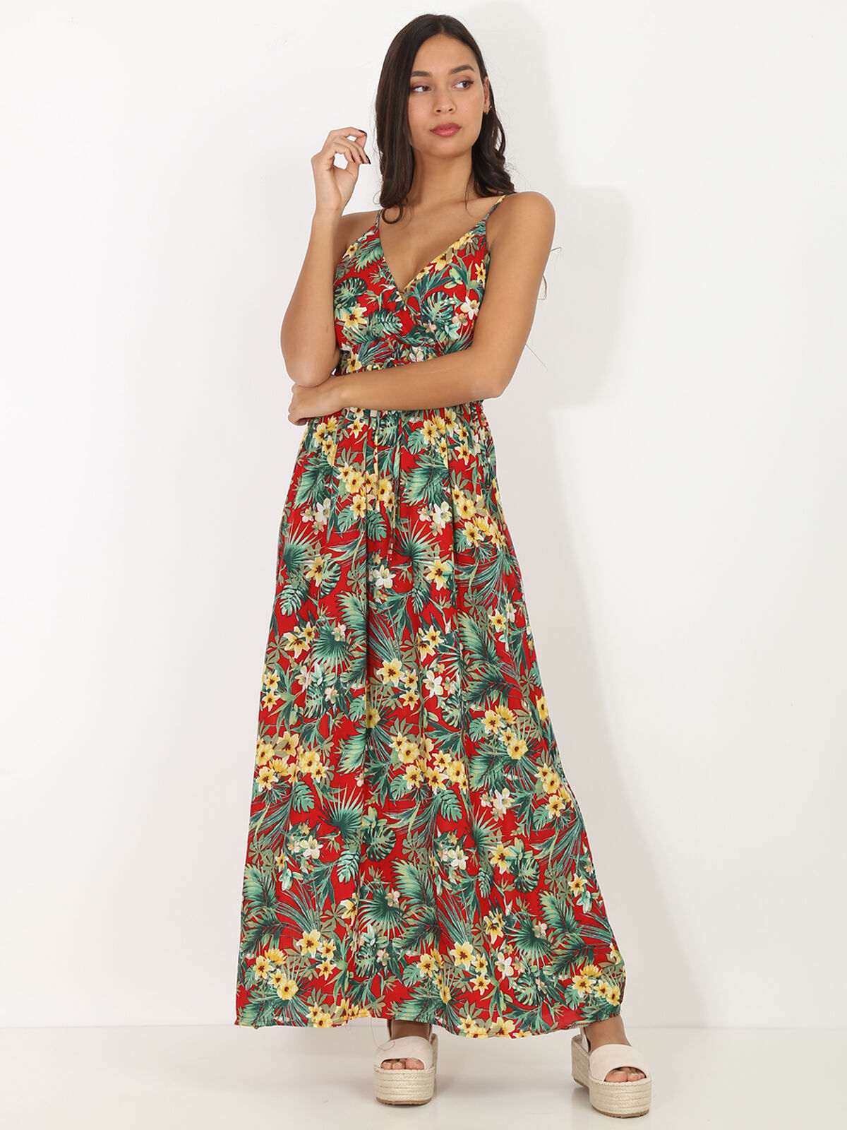 Robe longue à bretelles et motif tropical- Rouge