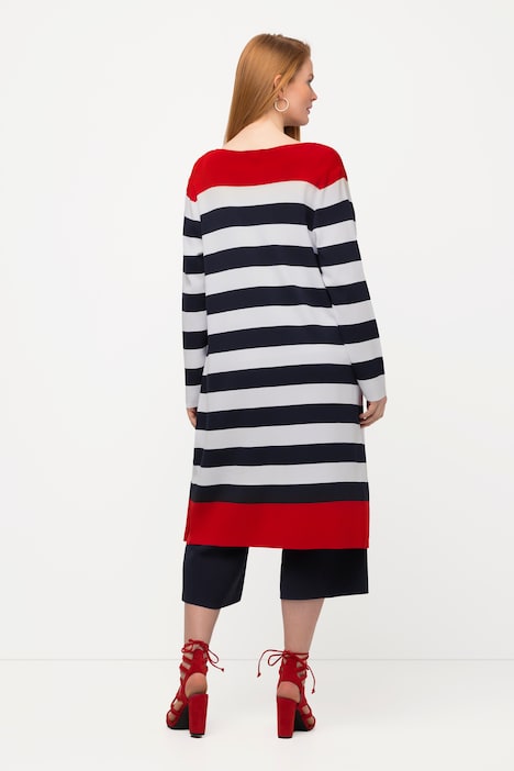 Long-Strickjacke, Streifen, V-Ausschnitt, offene Form