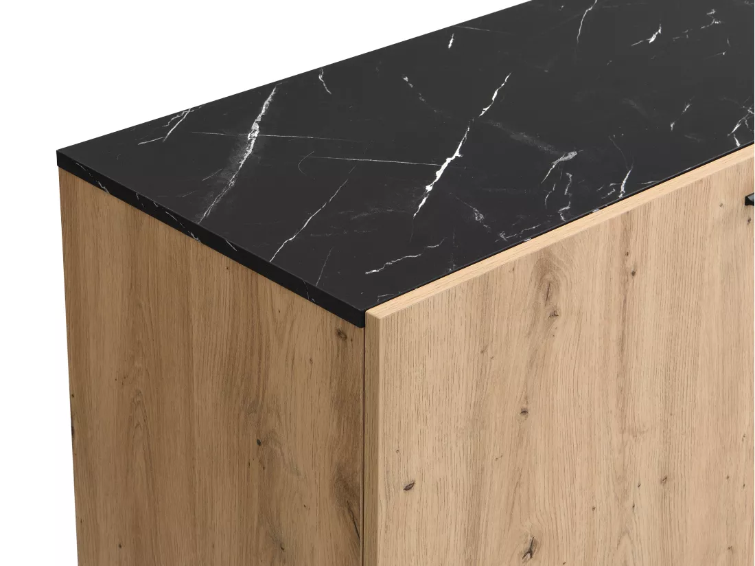 Buffet avec 2 portes et 3 tiroir en MDF et métal - Naturel clair et Effet marbre noir - LIOMENA de Pascal Morabito