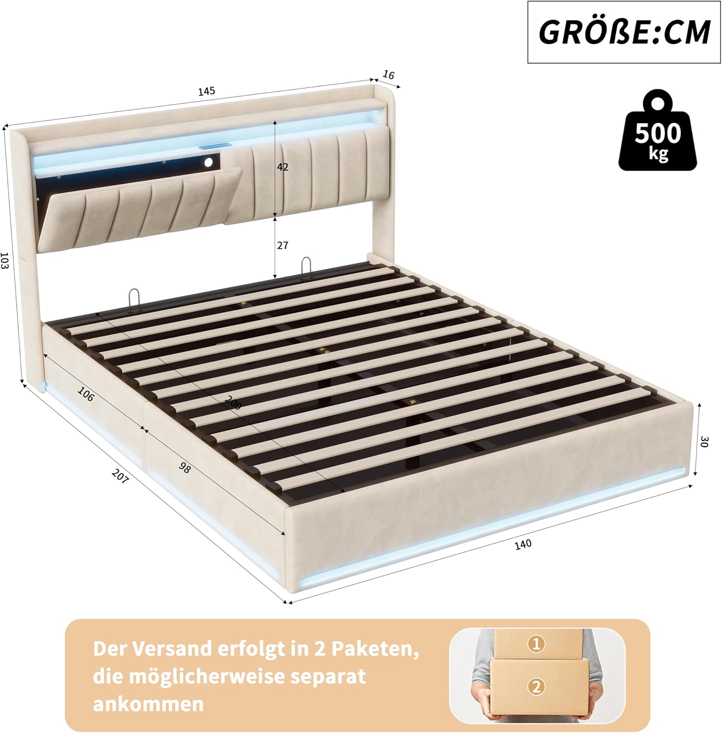 Polsterbett 140x200 mit Stauraum, Doppelbett mit LED/USB, Hydraulisch Stauraumbett, Jugendbett mit kopfteil und Lattenrost, Bettrahmen für Erwachsene, Samt (Beige, 140 x 200 cm)