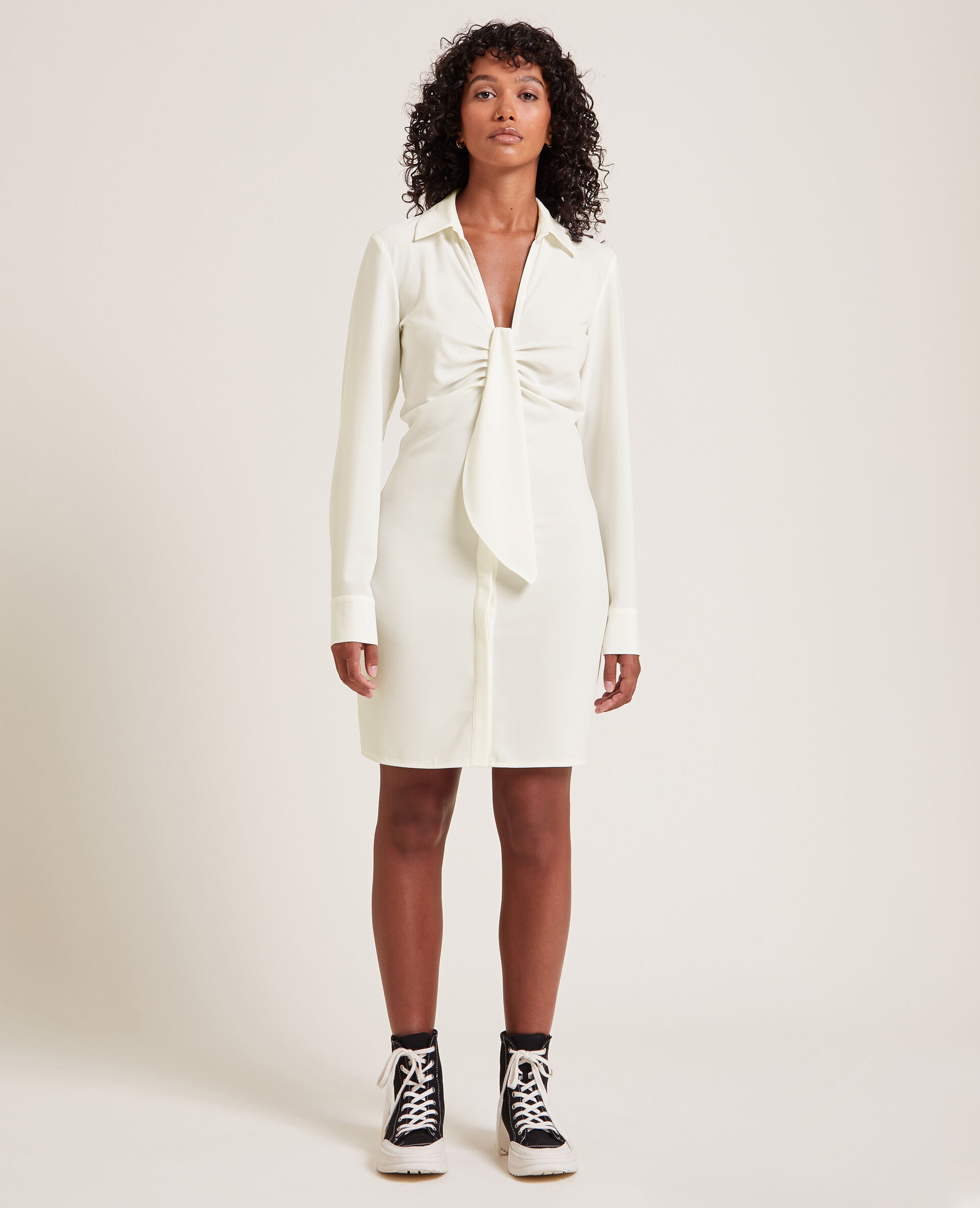 Robe chemise courte effet froncé - Blanc