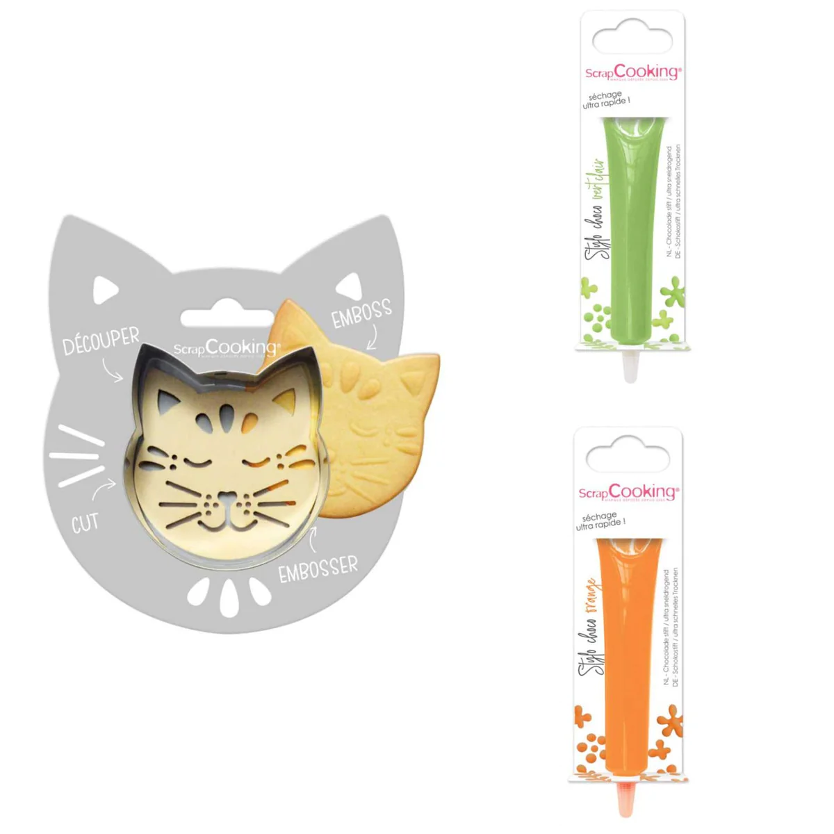 Kit pour biscuit en relief Chat + 2 Stylos au chocolat vert clair et o