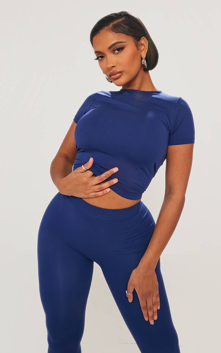 Bleu Marine Haut Coordonné Long Sans Coutures À Manches Courtes Effet Sculptant Extensible