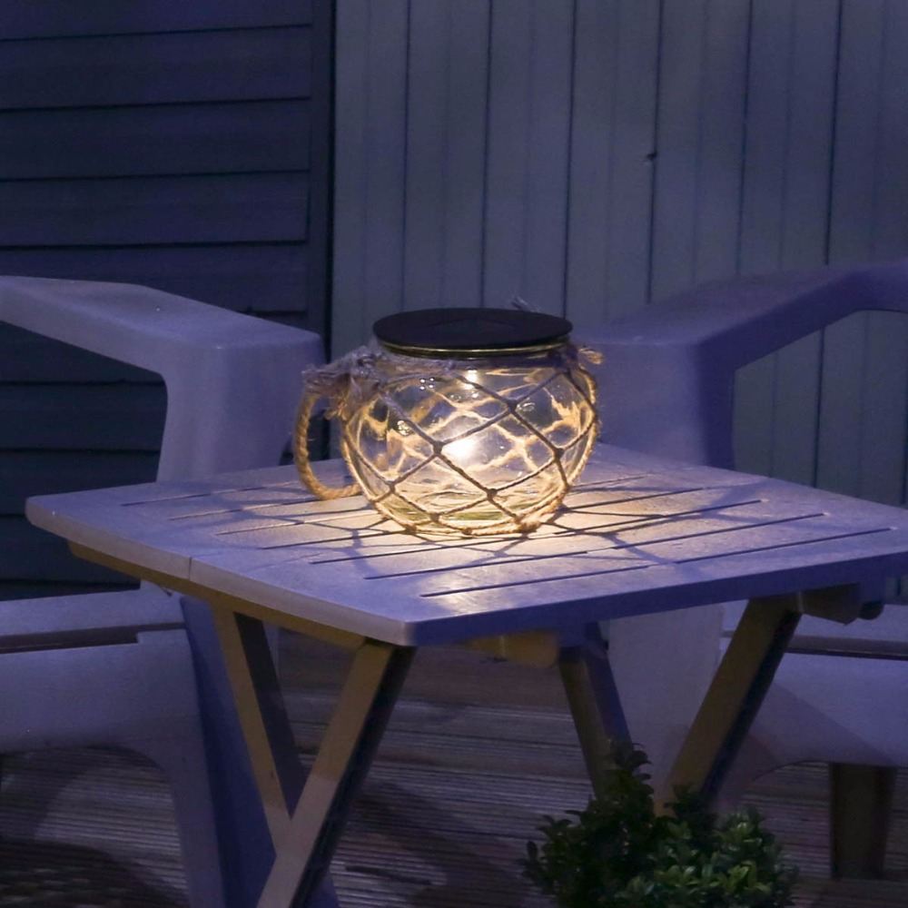 (2er Set) 8x9cm LED Solar Lampe Outdoor Glas Laterne Gartenleuchte mit Sisal Kordeln - Warmweiss