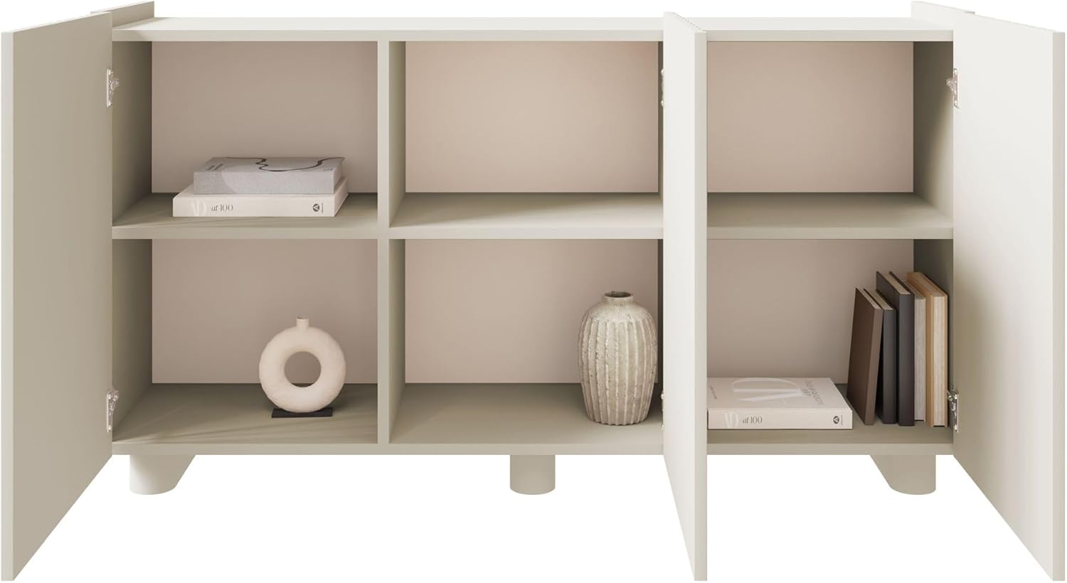 Selsey Kommode Fiorra 84×144×38,8 cm – Grau-Beige Sideboard mit Push-to-Open, 3 Fächer, modernes Design, ovale MDF-Füße (12 cm), ideal für Esszimmer.