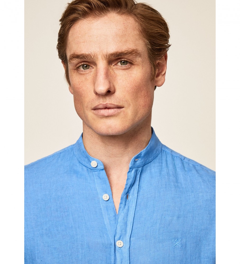 Camisa Hackett P Fit Slim de Linho Azul Escuro