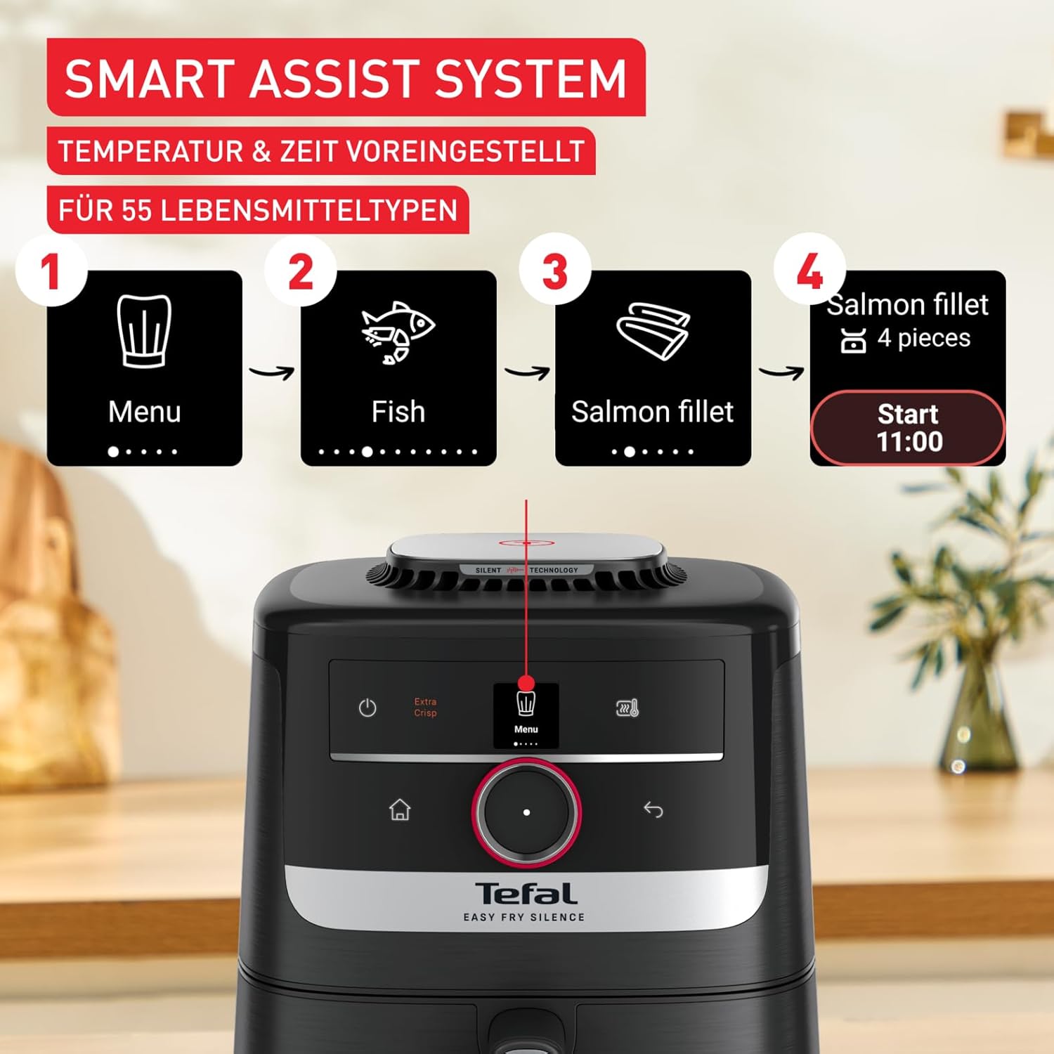Tefal Easy Fry Smart & Silence Heißluftfritteuse, 5 Liter, extrem leise, Smart-Assist-System, von 40°C bis zu 220°C, Antihaftbeschichtung, Easy Clean & Store-System, Schwarz/Edelstahl, EY5728
