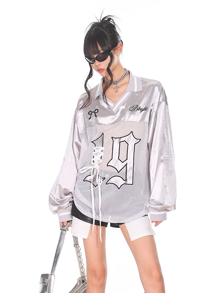 AXEN - V-hals nummer geborduurd veter mesh paneel oversized trui
