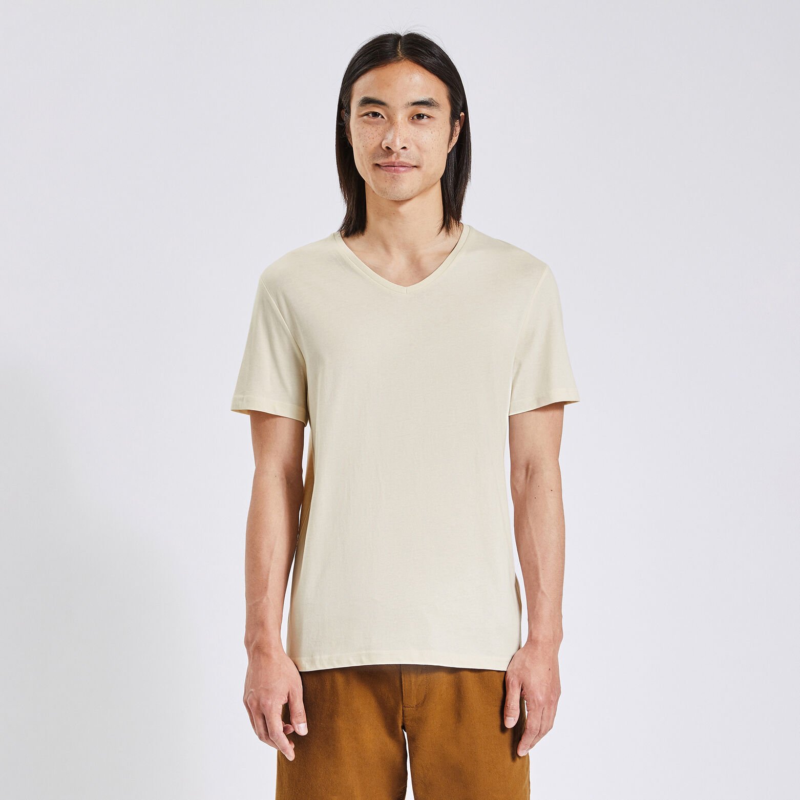 Tee shirt basique col V coton issu de l'agri biolo Ecru