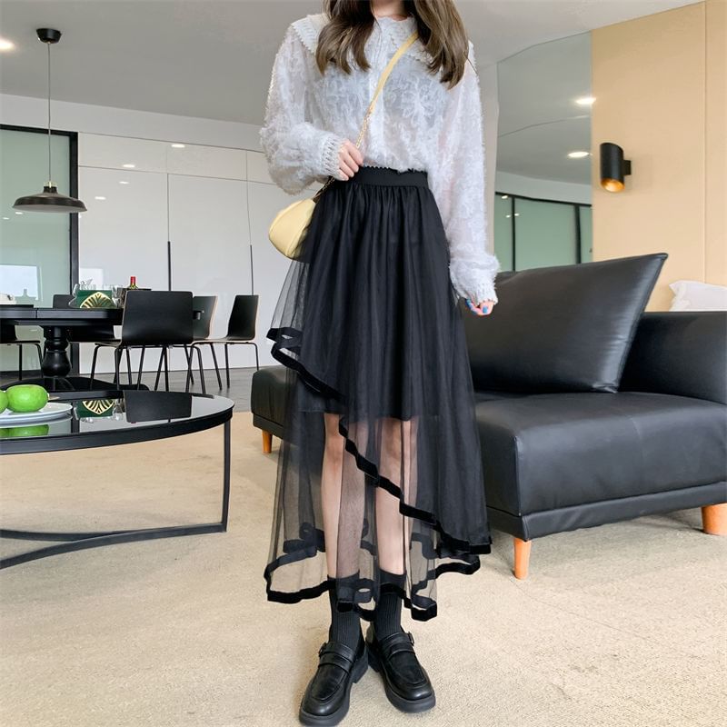 Sisyphi - Asymmetrische gelaagde midi-A-lijn rok met hoge taille en mesh