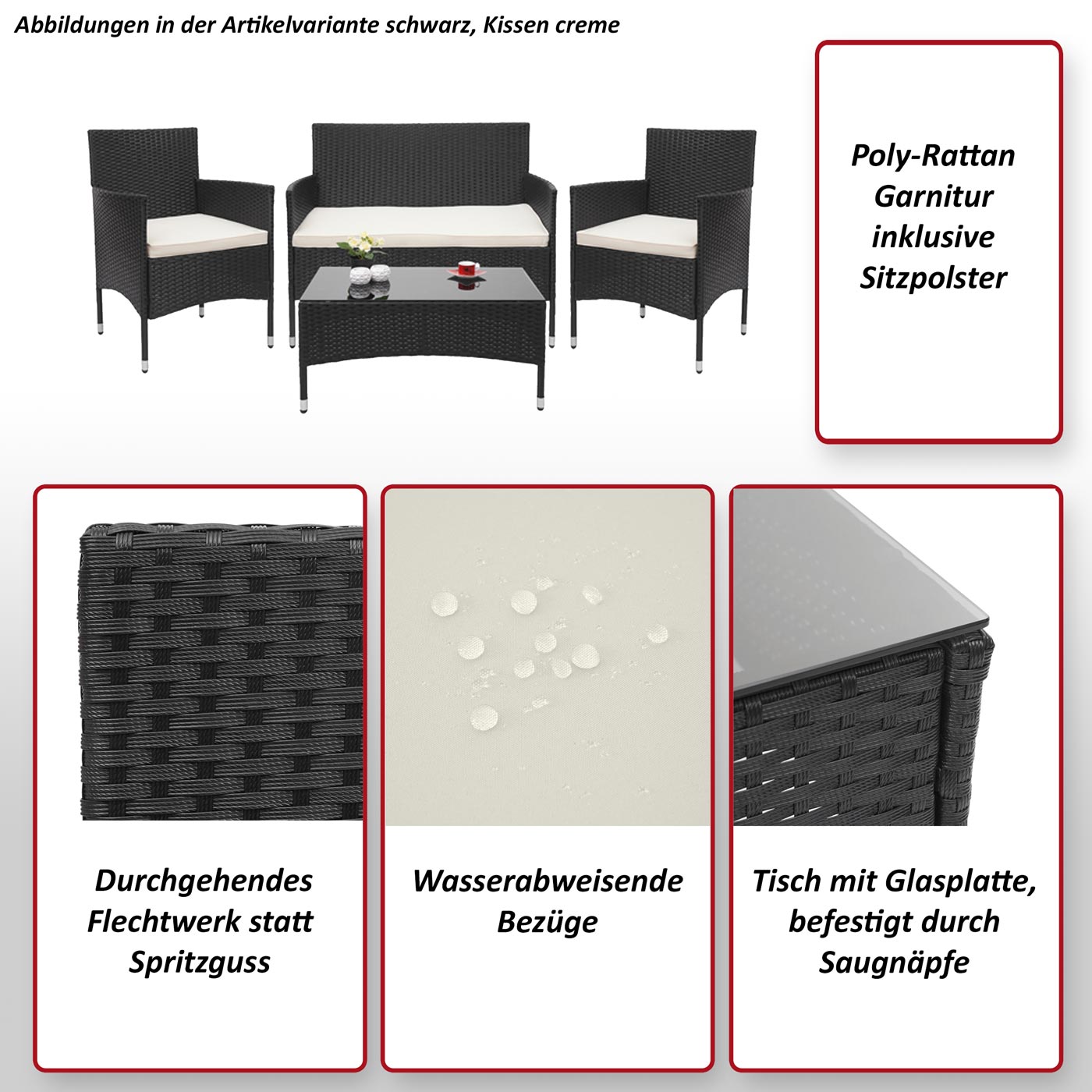 Poly-Rattan Garnitur MCW-F55, Balkon-/Garten-/Lounge-Set Sofa Sitzgruppe ~ grau, Kissen creme