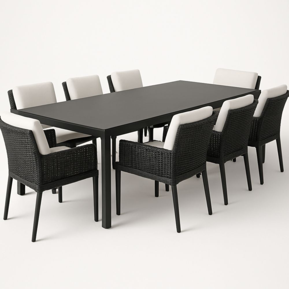 Gartentisch-Set 8 Sessel Aluminium Polyethylen Rattan Rechteckig Schwarz/Weiß