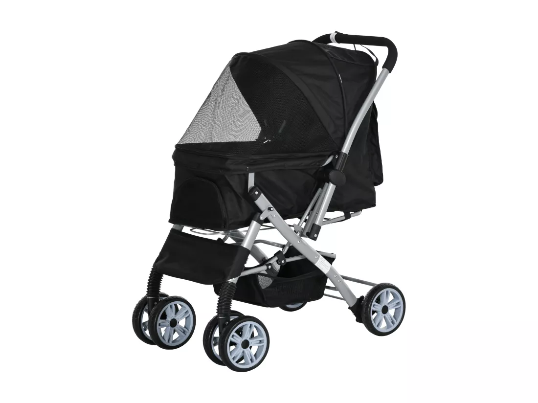 Poussette buggy pliable chien chat panier et sac de rangement attaches sécurité housse réglable poignée réversible acier Oxford noir
