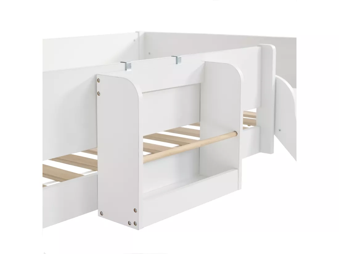 Lit mezzanine 90x200cm, lit enfant avec échelle, toboggan, étagère amovible, pin+MDF, blanc+naturel